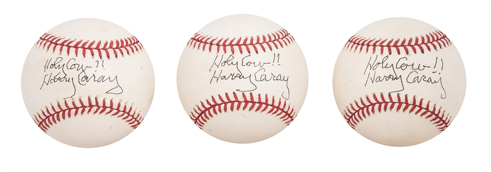 Lot of (3) Harry Caray Single Signed OML Baseballs with "Holy Cow" Inscriptions (Beckett PreCert)